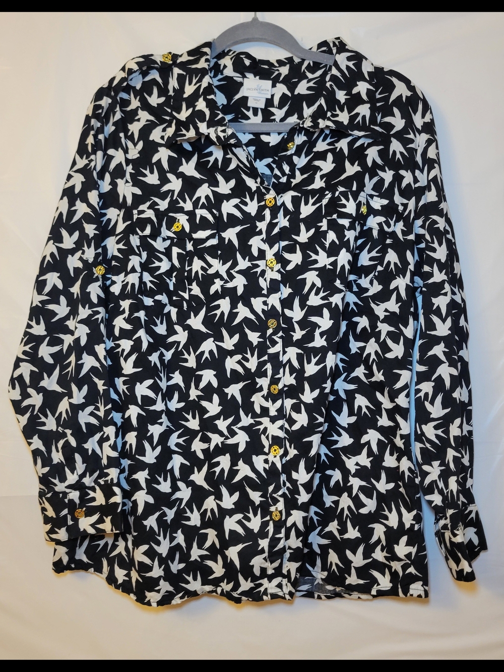 Jaclyn Smith Black and White Bird Print Blouse
